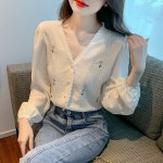 여성셔츠블라우스 긴팔블라우스 긴팔 가을 남방 V넥 : 치즈클로스