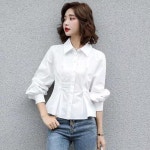 여성 플리츠 블라우스 러플 버튼 의류 패션 오피스 화이트 상의 긴팔 용 슬림 셔츠 레이디 : 라포제샵