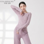 여성을 위한 클래식 댄스 연습 의류 포크 스타일 바디 라임 요가 탑 긴 소매 엄지 손가락 구멍 티 슬림 셔츠 성인 : ANNA1호점