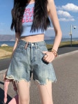 여성 여름 청바지 뉴 핑크 라벨 데님 반바지 부분 웨이스트 루즈 구멍이있 : 뉴욕시골총각