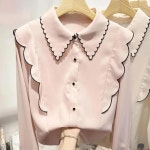 여성 느슨한 블라우스 쉬폰 오버핏 탑 브레스트 셔츠 슬림 싱글 모든 간단한 경기 가을 : 블러썸33