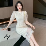 밑단레이스 원피스 코트 후크 꽃 여름 퍼프 슬리브   라인 미드 길이 스 : 덴마크시골언니