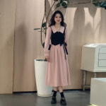 트위드 바스락 가을 원피스 결혼식 하객룩 프랑스 부드러운 스타일 가짜 투피스 긴팔 드레스 : 원소셜네트워크