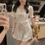 S0194 토리잠옷 리본 플라워 크롭 잠옷세트 큐티 섹시 홈웨어 파자마 파자마파티 우정잠옷 : 토리잠옷