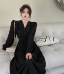 빅사이즈여성의류 가을 신상 프렌치 브이넥 조거 긴팔 원피스 여 통통mm 가림막 슬림 스커트 롱스커트 : vantage