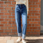 롤업 청바지 8부 컷팅진 스판 밴딩 일자 데님 팬츠 가을 여성 통바지 S-XL : N.Dress
