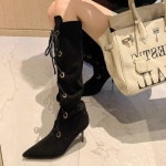 여성용 하이힐 짧은 부츠 겨울 지퍼 중간 힐 얇은 스틸레토 뾰족한 사이즈 한 앞코 대형 : 라포제샵