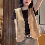 여성 니트 조끼 베스트 크롭 레트로 심플한 넥 가을 겨울 신작 양복 슬림 내부 민소매 탑 : 브리즈나인