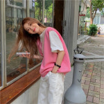 니트 베스트 뜨개조끼 손뜨개 조끼 그물 레이스 브이넥 여성용 핑크 스웨터 민소매 단색 귀여운 소녀 봄 외투 프레피 아늑한 Femme V넥 H1631... 