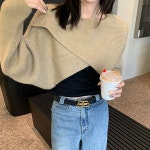 여성 크로스 숄더 가을 숏 니트 티셔츠 스웨터 긴팔 캐주얼 무지 포근한 부드러운 예쁜 : 패션 레스토랑