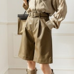 레자바지 여자반바지 bj의상 여신코디룩 PU 겨울 5부 하이웨스트 a라인 와이드 : 직구척척