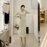 솔라 브이넥 꽈배기 롱 슬림 니트 원피스 : 언니느낌