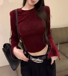 23NOV014 40대 여성 버건디 벨벳 크롭 티셔츠 : 더블유걸즈