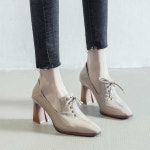 워커 여성 봄 부드러운 블랙 광택 펌프스 청키힐 : HILLZO-LYU