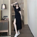 여성의류 하객 스판 미디원피시 여자 반팔 옆트임 원피스 썸머 반팔 롱원피스 : 닝동무역 유한회사
