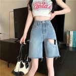 여성 청반바지 5부 와이드 데님 팬츠 캐주얼 워싱 하이웨스트 여름 aH75L : 쉬밥