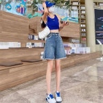 여성 청반바지 5부 와이드 데님 팬츠 캐주얼 워싱 하이웨스트 여름 aH70L : 쉬밥