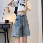 여성 청반바지 5부 와이드 데님 팬츠 캐주얼 워싱 하이웨스트 여름 aH72L : 쉬밥