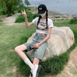 여성 청반바지 5부 와이드 데님 팬츠 캐주얼 워싱 하이웨스트 여름 aH71L : 쉬밥