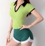 머뷰인생티 시즌6 부들스판 배색 요가반팔티셔츠 필라테스커버업 카라 셔링 요가복상의 : 머슬앤뷰티