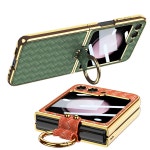 갤럭시 Z플립 5 플립 4 지플립 3 핸드폰 폰 케이스 커버 럭셔리 직조 가죽 패턴 전기 플레이트 하드 PC 휴대 용 링 홀더 브래킷 포함 : 해외직구존