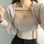 [세트/4컬러]볼레로 나시 세트 오버핏 스판 긴팔 가디건 벌룬 퍼프 끈 스트링 동미-세트 : 채진담