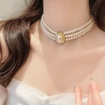 타원 진주 포인트 세줄 초커 레이어드 볼드 목걸이 화려한 세줄 큐빅 유니크 파티룩 : 아이엘제이