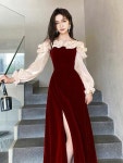 우아한 벨벳 드레스 연주회 시상식 연말파티 이브닝 파티 콩클 롱 원피스 아이돌 홀복 웨딩 드레스 셀프 브라이덜샤워 바프 졸업사진... 