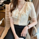 반팔 셔츠 봄 여성 프릴 쉬폰 브이넥 블라우스 가을 레이스 스타일 여성용 빈티지 프렌치 : 피터의마켓