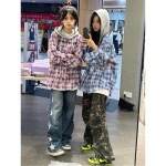 프린팅 대비 색상 셔츠 블라우스 국조 격자 무늬 편지 후드 스웨트 여성 봄 가을 스타일 스티치 콘트라스트 긴 팔 커플 재킷 : 이안프렌즈