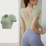 필라테스복 필라테스상의 Aiithuug 요가 반팔 내장 컵 크롭탑 체육관 필라테스 운동 탑 피트니스 액티브웨어 십자형 등 : 얄리상점