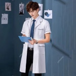 남녀공용 흰색 코트 반팔 슬림 간호사 의류 약국 미용실 작업복 자수 가능 : 퀸덤컴퍼니