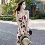 중간 여름 장미 여성용 휴양지원피스 꽃 길이 신상 슬링 드레스 : 린스하우스시즌9