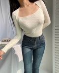 골지 니트 스퀘어넥 볼레로 슬림핏 봄 골지 니트 : 라드웨이