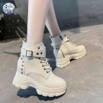 편한 워커 여성 데일리 플랫 가을 부츠 키높이 발편한 스터드 여성 통굽 가죽,34,블랙/광판1리 : 에스에이치글로벌5403