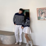 잔느 스트라이프 단가라 크롭 가디건 오버핏 니트 팬츠 스커트 코디세트 커플 시밀러룩 : 몽쉘커플
