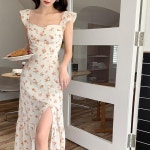 탄성 여성 여름원피스 프린트 원피스 사이드 플라워 드레스 맥시 여름 스플릿 민소매 프릴 : 린스하우스시즌9