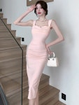여성드레스 원피스 핑크 바디콘 힙랩 화이트 플리츠 스퀘어 칼라 슬링 롱 우아한 클럽 이브닝 : 치아이