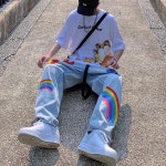 Y2K 남녀공용 레인보우 그래피티 프린트 청바지 루즈 와이드 레그 스트레이트 헐렁한 : 엠에스패밀리