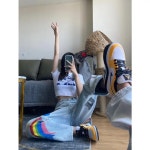 Y2K 남녀공용 레인보우 그래피티 프린트 청바지 루즈 와이드 레그 스트레이트 헐렁한 : 엠에스패밀리