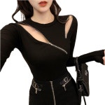 Makone 지퍼 슬림 티셔츠 가을 시즌 얇은 롱 슬리브 상의 여성 : 럭키비키..