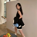 예쁜원피스 용수철 프렌치 대비 민소매 블랙 원피스 여성 패션 심플하고 시크 작은 향기 숏 조끼 신상 : 오름상상회