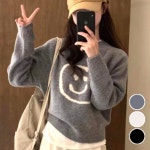 봄 가을 여성 큐티 스마일 라운드넥 긴팔 니트 티셔츠 : BmStore