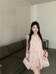 여성 프릴 민소매 홀터넥 여름 핑크 a 라인 스커트 : Dea