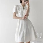 러블리해라 여성 봄 화이트 카라 미디 A라인 플레어 피케원피스 : 러블리 해라
