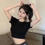리얼 샷 심플 코리안 스타일 솔리드 컬러 반팔 티셔츠 여성용 여름 라운드넥 크롭 탑 다용도 하이 웨이스 : 다마바오