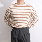 1+1 남녀공용 캐주얼 마린룩 스트라이프 긴팔티 10수 코튼 보트넥 커플 단가라 티셔츠 : 로얄수트