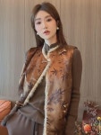 뉴 차이나 국풍 개량 빈티지 젠틀카라 대나무 잎 프린트 조끼 상의 투피스녀 2023 가을겨울 : 사네미