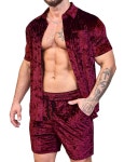ZSJR Mens Button Up Shirt Drawtsring Waistband Shorts Charpie Flannelette Tracksuit Set색상와인 레드,사이즈M : 단감직구상록
