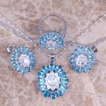 스러운 목걸이세트 하늘색 큐빅 지르코니아 화이트 CZ 실버 도금 보석 세트 귀걸이 펜던트 반지 사이즈 6 / 7/8/9/10 S0426 : 해외구매3